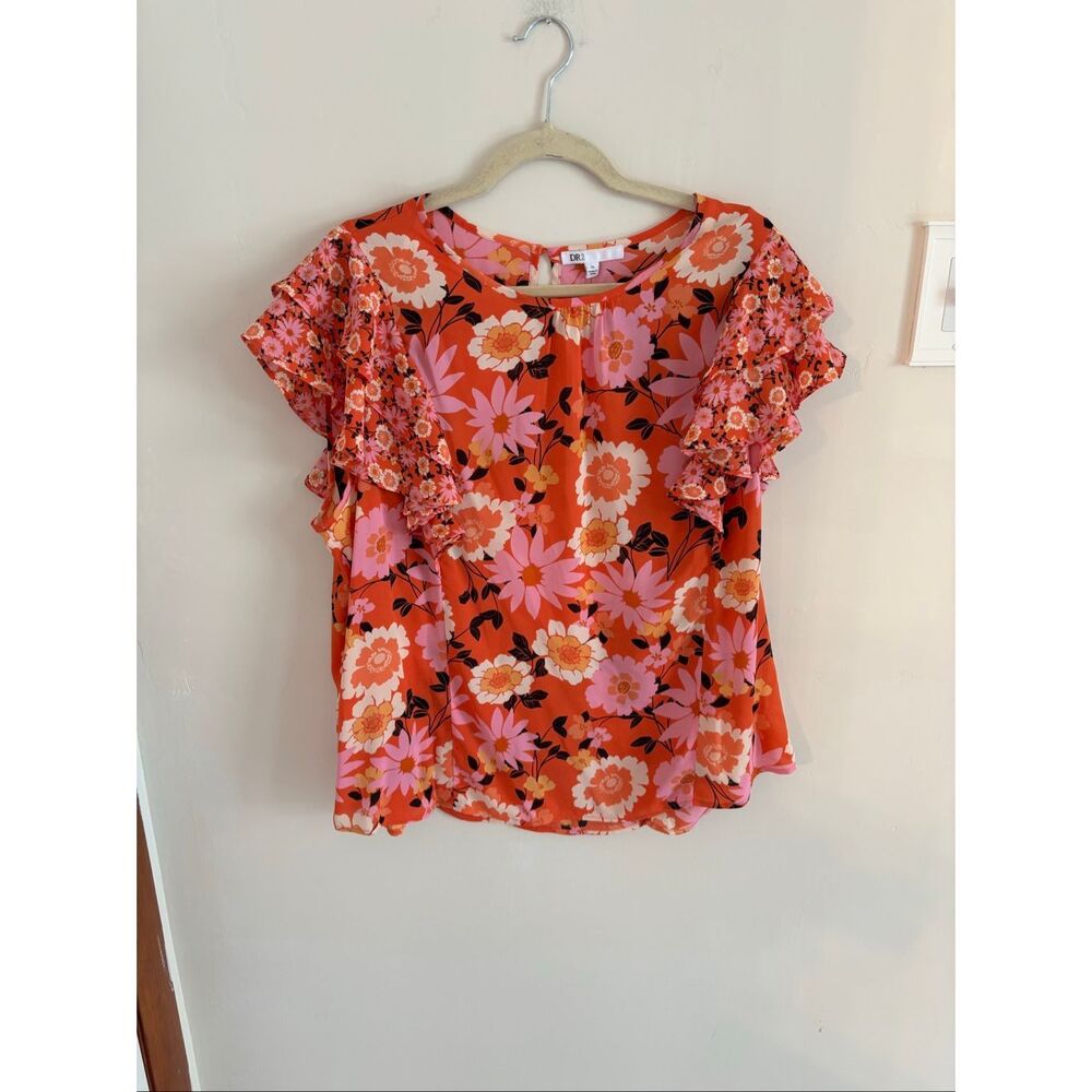 DR2 Daniel Rainn Flutter Sleeve Blouse Size XL Bright Orange Scoop Neck Keyhole